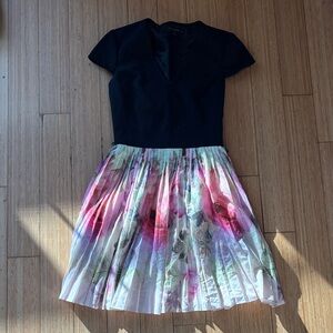 Ted Baker Dress : Black Top with Floral A-Line Skirt